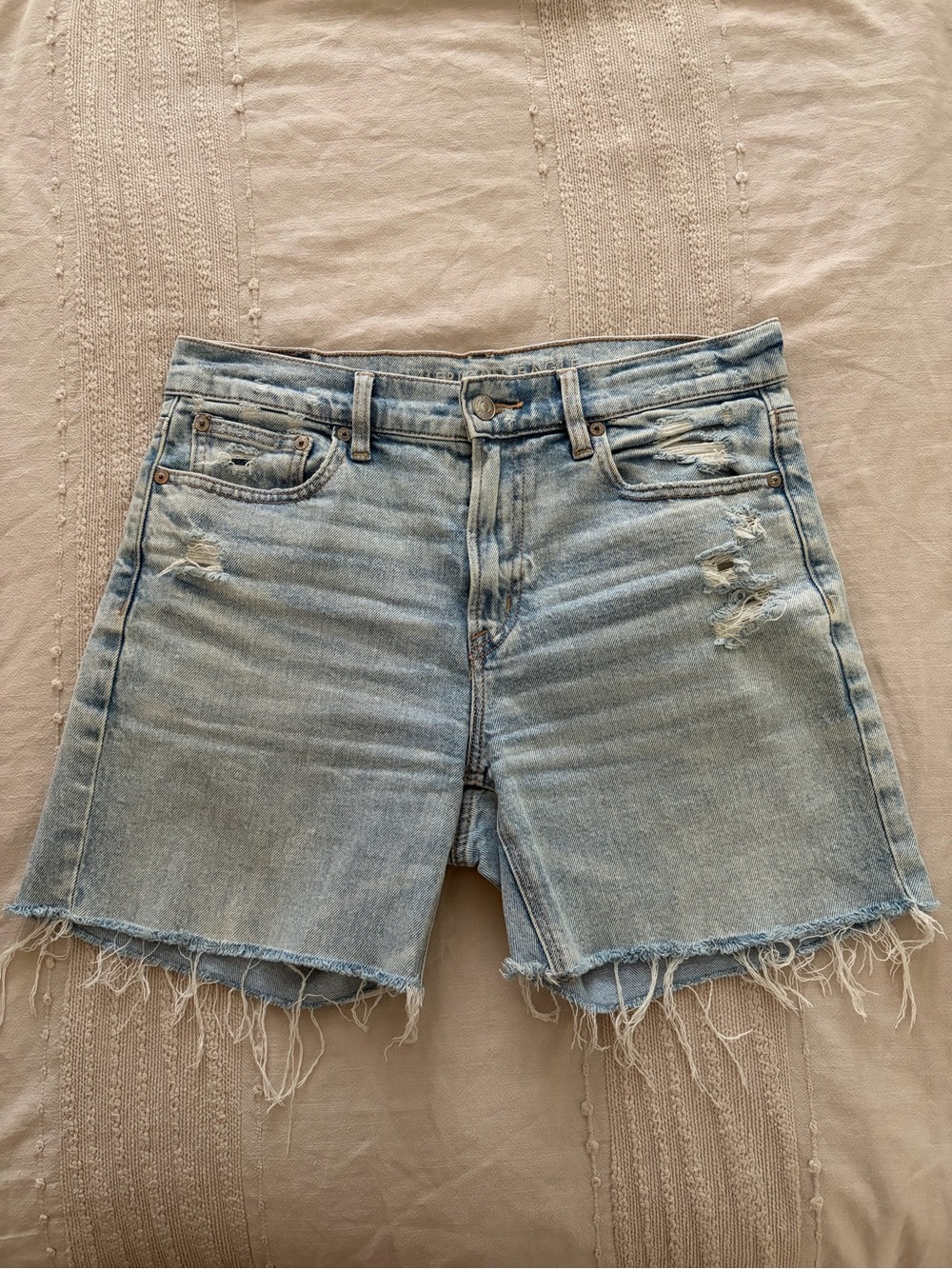 American Eagle Outfitters Light Blue High Waist Denim Shorts with Frayed Hem